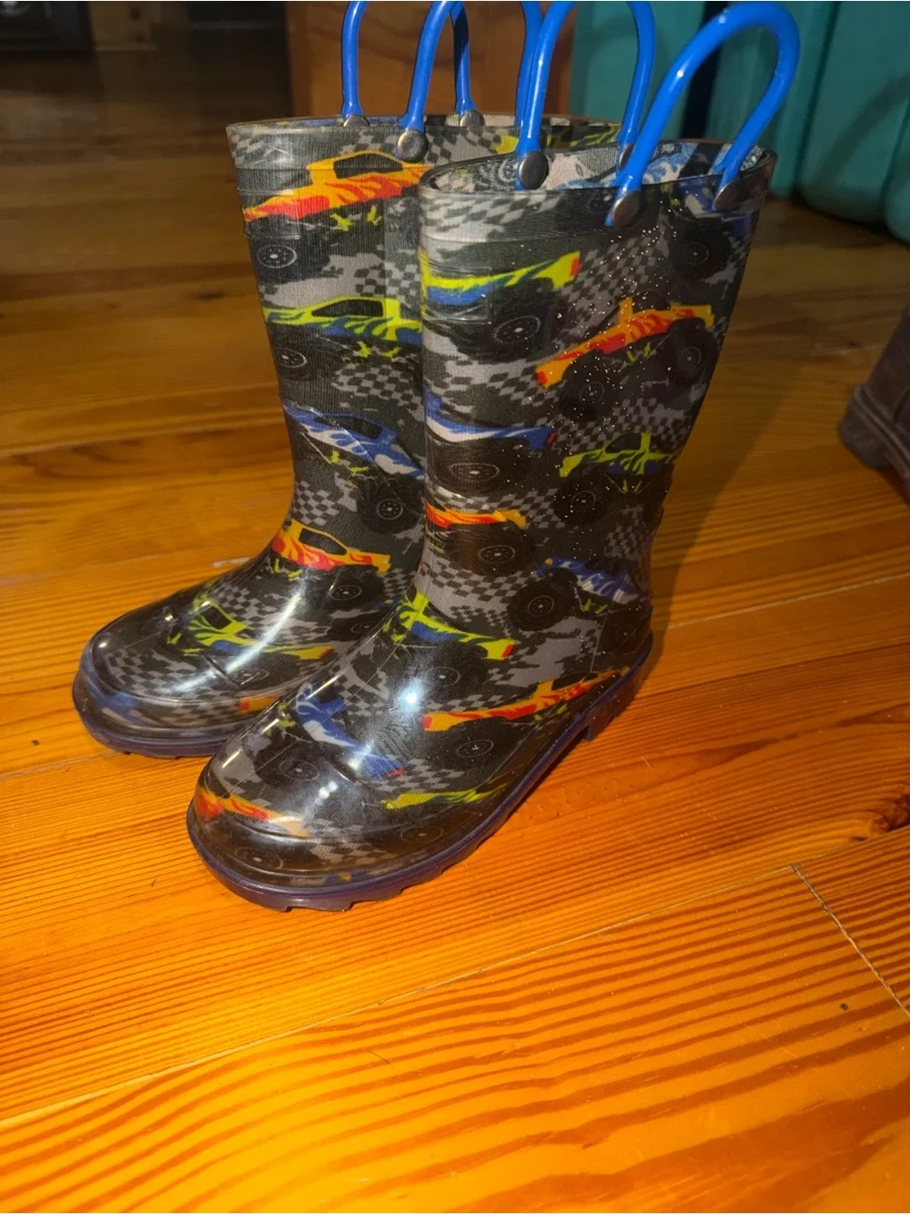 Kids Monster Truck Rain Boots - Black with Neon Accents